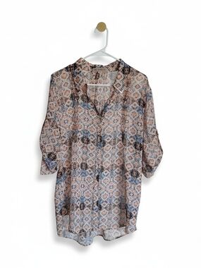 Vintage America Geometric Print Roll-Tab Blouse - Beige Blue Brown